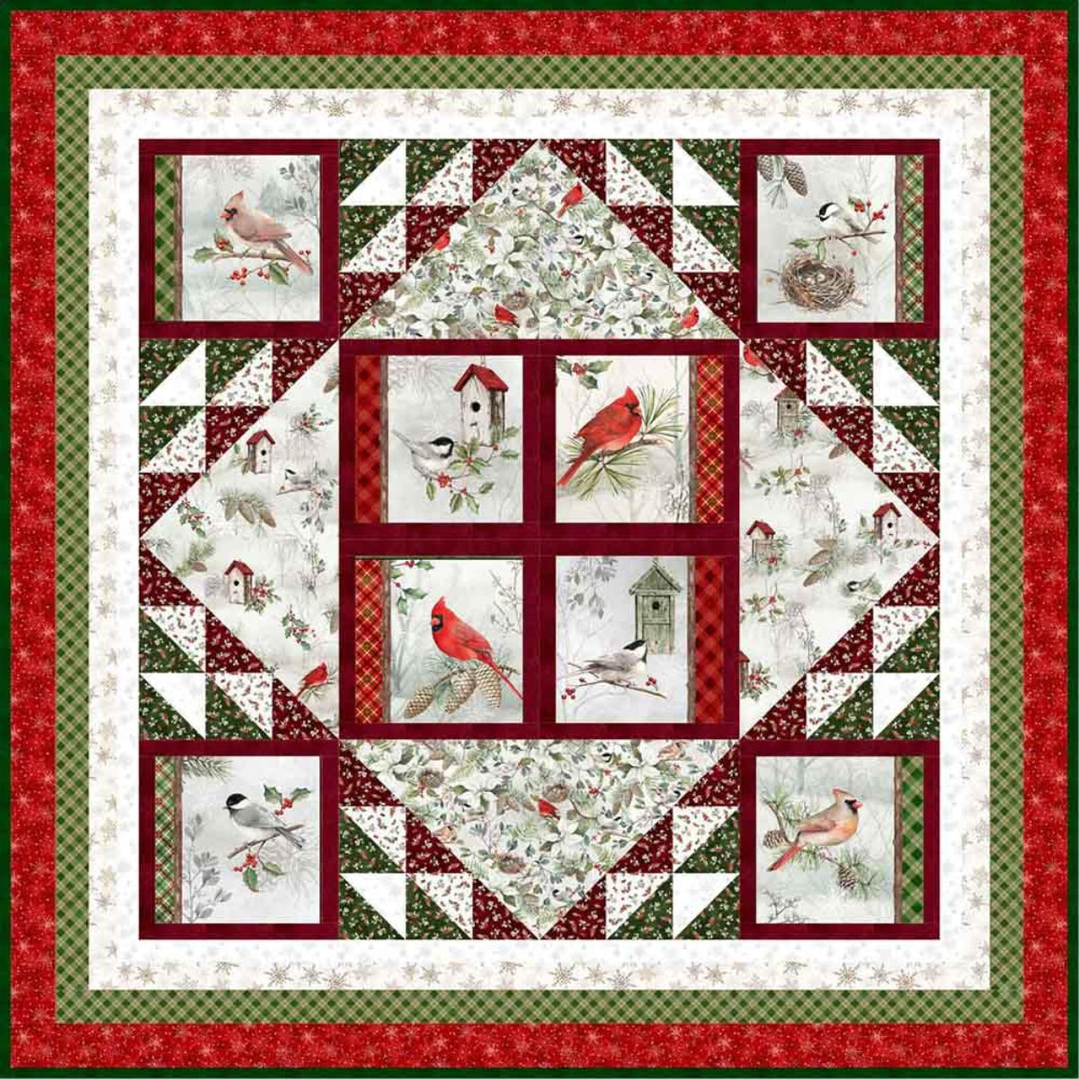 A square quilt pattern or fabric design featuring a winter bird theme. The quilt has a red and green checkered border, a white inner border with snowflakes, and a central diamond section made of eight smaller square panels showing red cardinals, birds, birdhouses, and winter foliage on a white background.