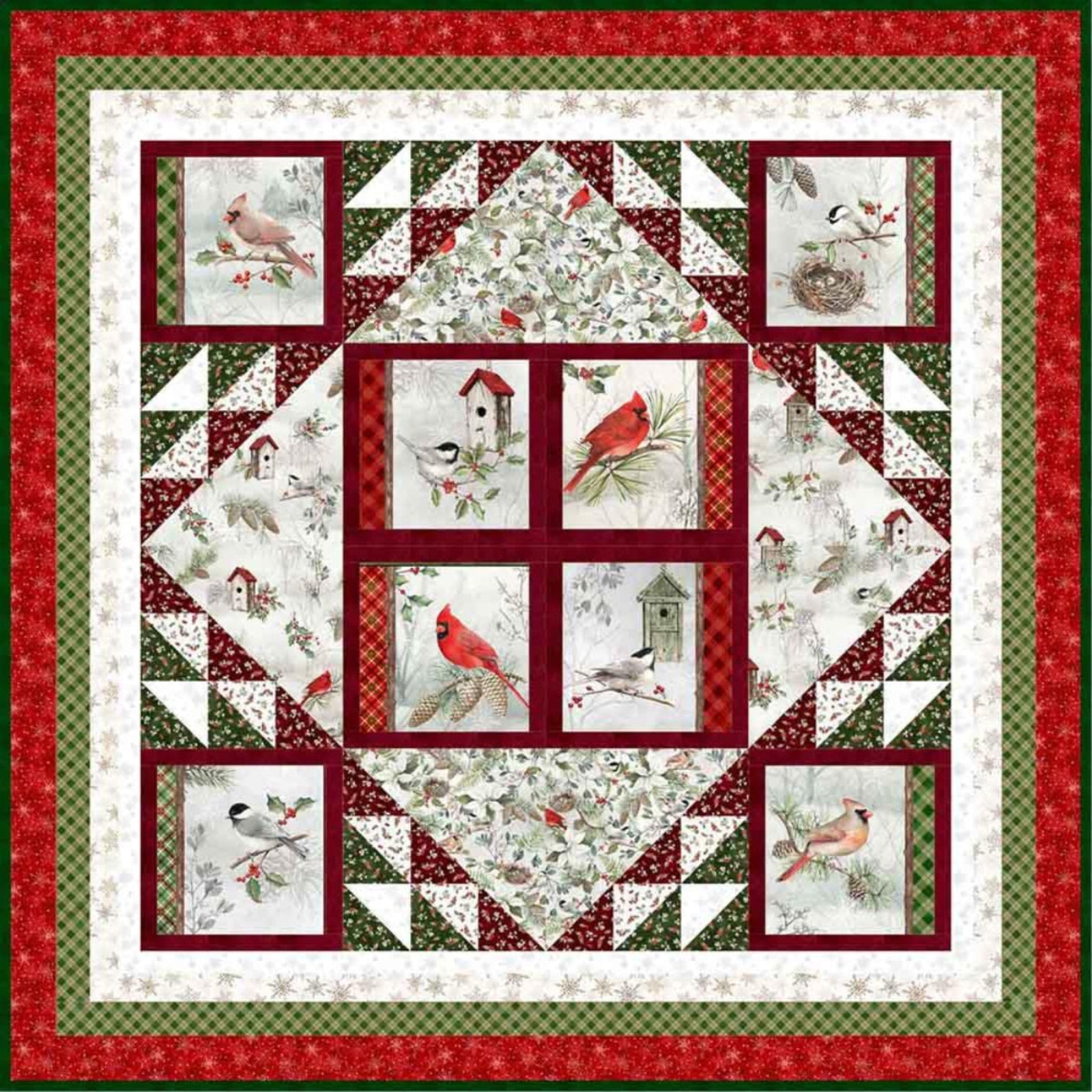 A square quilt pattern or fabric design featuring a winter bird theme. The quilt has a red and green checkered border, a white inner border with snowflakes, and a central diamond section made of eight smaller square panels showing red cardinals, birds, birdhouses, and winter foliage on a white background.
