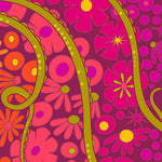 A vibrant retro-style seamless pattern featuring retro flowers, paisley swirls, and dots in hot pink, magenta, orange, yellow, and olive green on a dark magenta background.