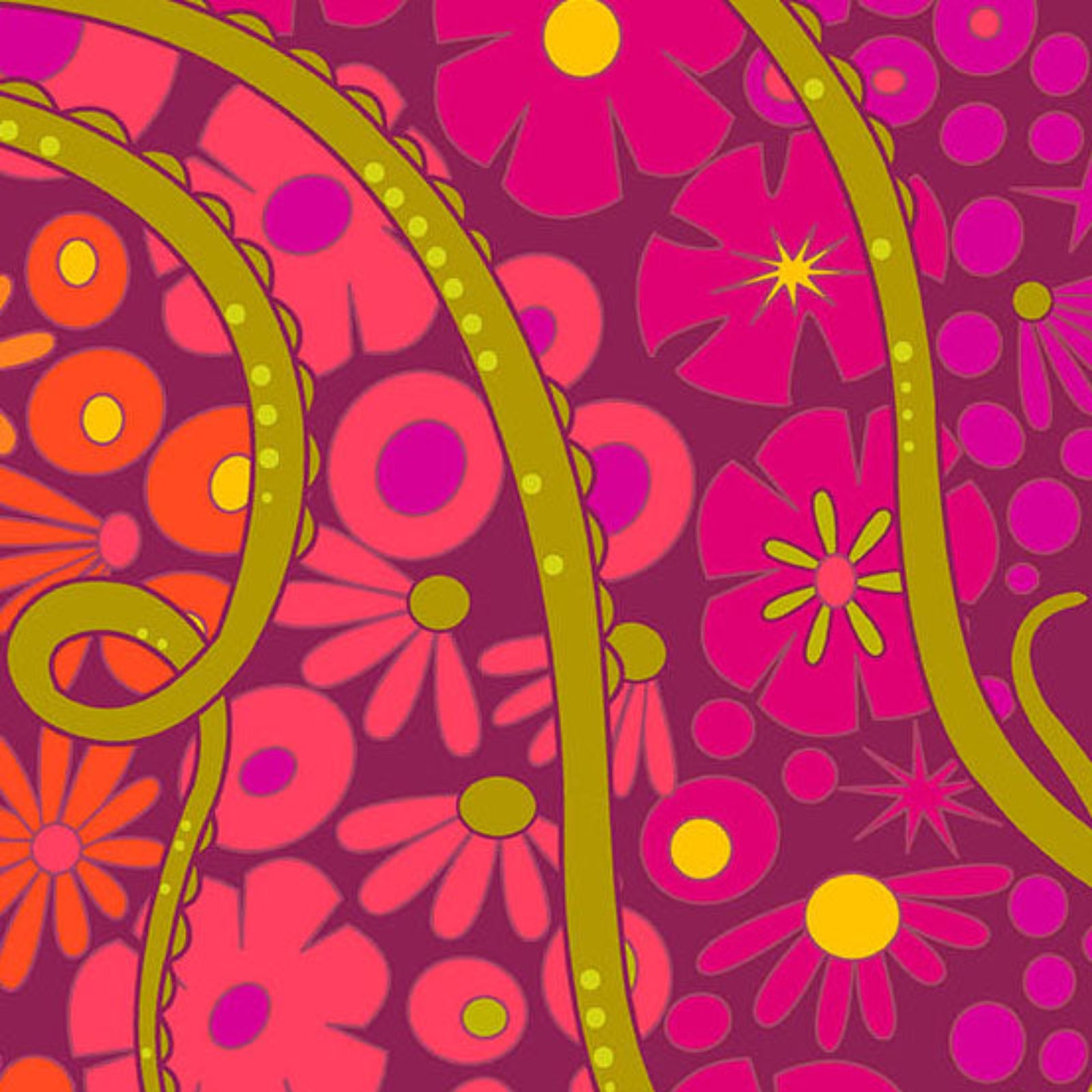 A vibrant retro-style seamless pattern featuring retro flowers, paisley swirls, and dots in hot pink, magenta, orange, yellow, and olive green on a dark magenta background.