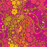 Colorful paisley pattern with pink, orange, and green colors on a pink background.