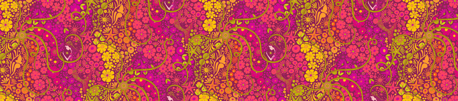 Colorful paisley pattern with pink, orange, and green colors on a pink background.
