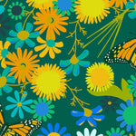 A repeating floral pattern featuring large yellow and orange daisy-like flowers, blue and teal blossoms, and orange-and-black butterfly wings on a dark teal background.