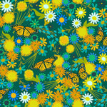 Pattern of butterflies and flowers on a blue background