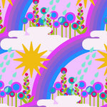A colorful seamless pattern featuring whimsical rainbow arches, yellow starbursts, stylized flowers, and white clouds on a pastel purple background.