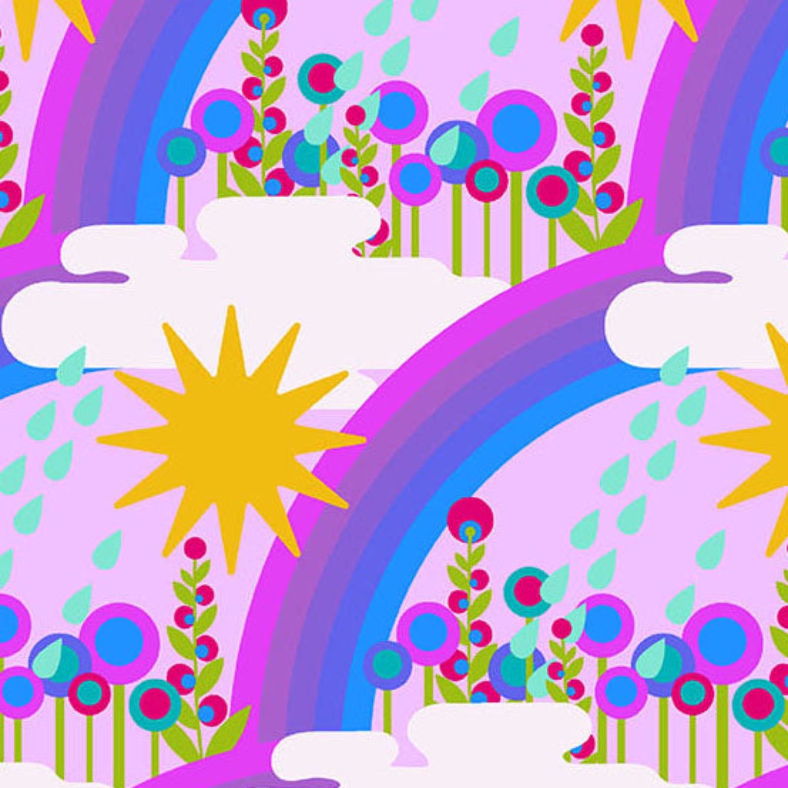 A colorful seamless pattern featuring whimsical rainbow arches, yellow starbursts, stylized flowers, and white clouds on a pastel purple background.
