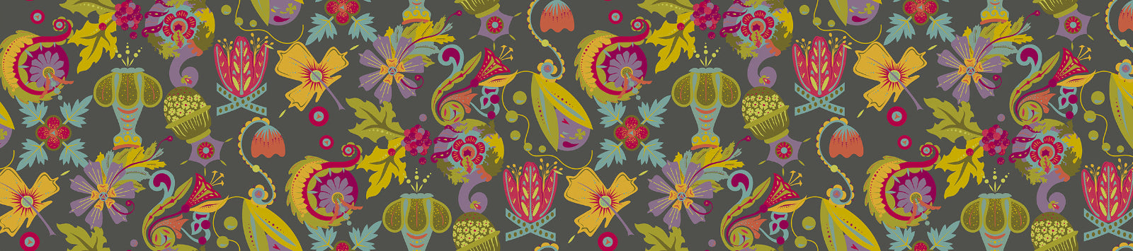 Colorful floral and abstract pattern on a dark background