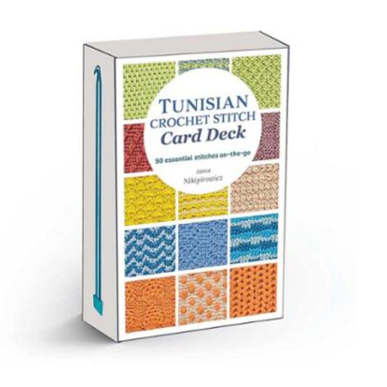 Tunisian Crochet Stitch Card Deck book by Anna NikiŁowicz, featuring a white cover with a colorful grid of crochet stitch samples and a turquoise crochet hook illustration on the spine.