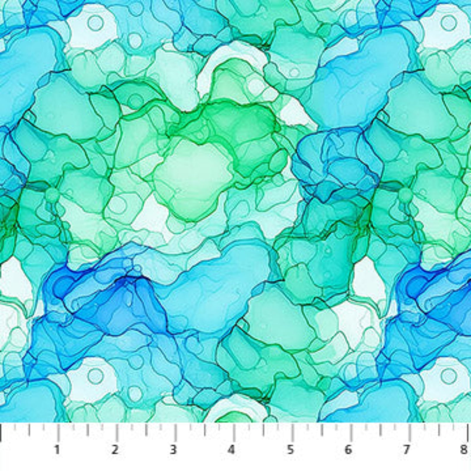Patterned fabric with blue and green abstract design on a white background