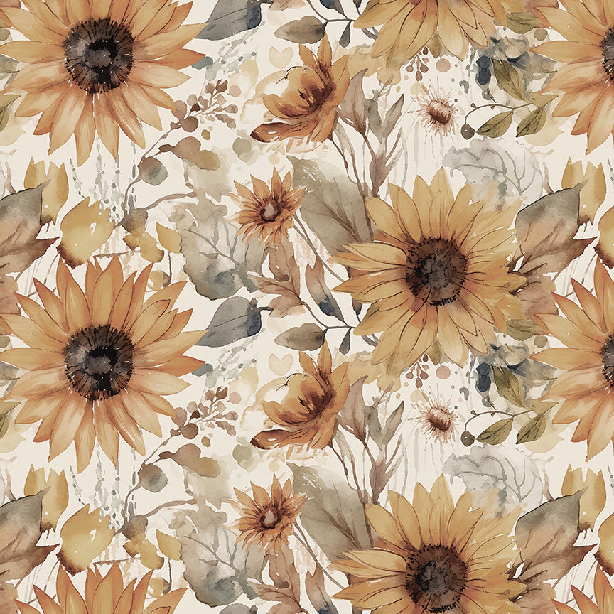 108" Wideback - Evening on the Prairie - Watercolor Sunflowers - Cream