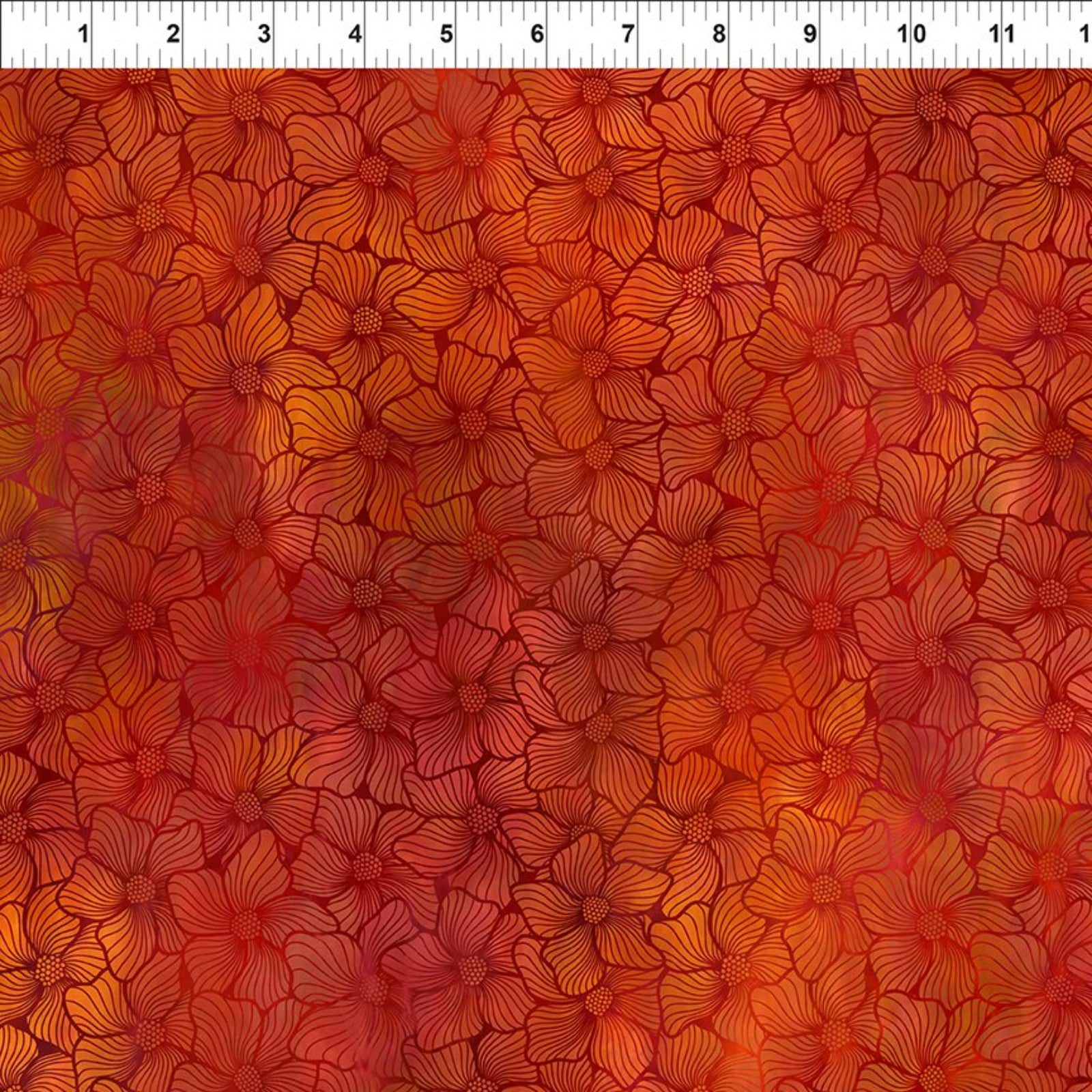 A close-up of a fabric or wallpaper pattern featuring a dense, repeating design of stylized orange and red flowers with dark outlines. A white ruler with black markings is visible along the very top edge to indicate scale.