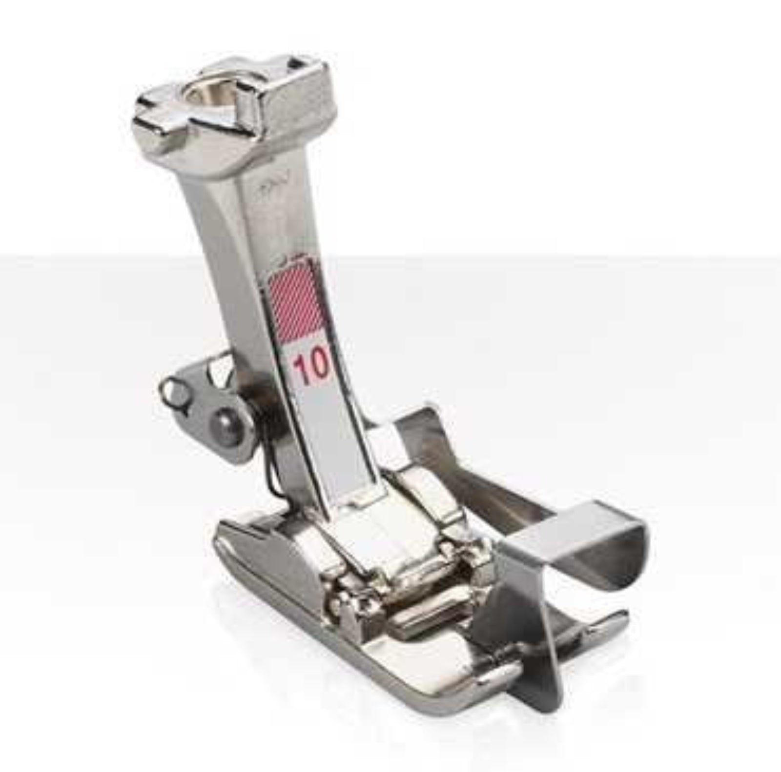 Metal sewing machine foot with a white background