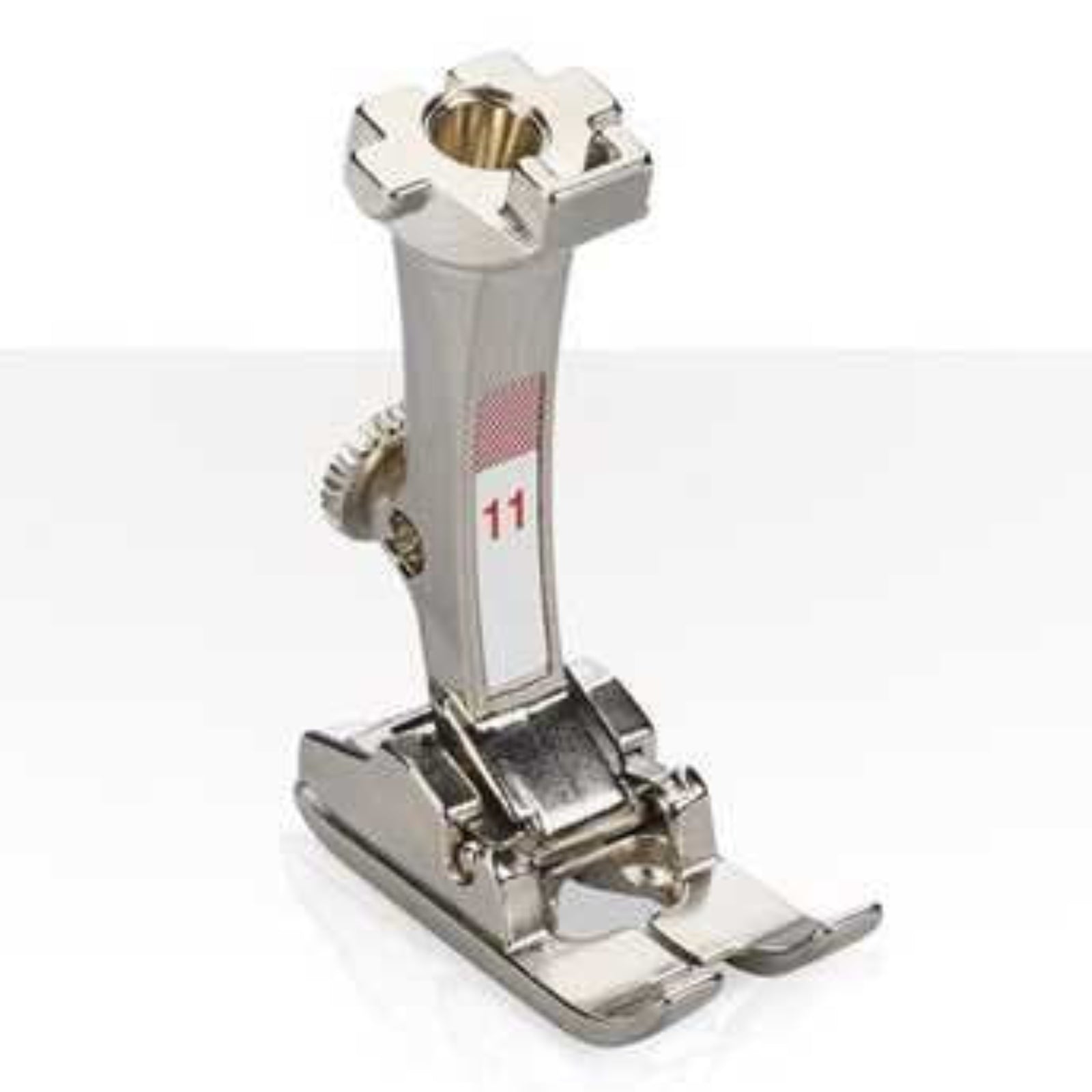 Metal sewing machine foot with a white background