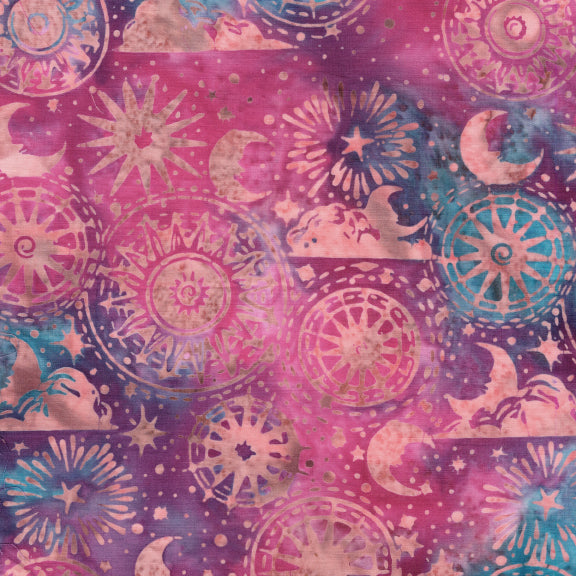 A close-up of a repeating celestial pattern featuring suns, moons, stars, and ornate circular motifs in pink, purple, and teal-blue tones.