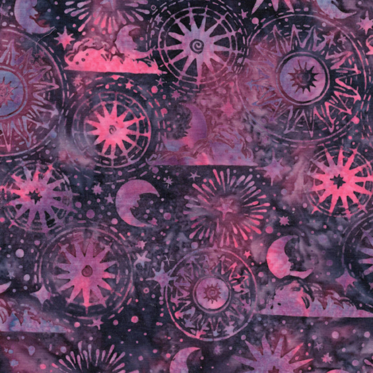 Celestial icons on mottled pink and purple background
