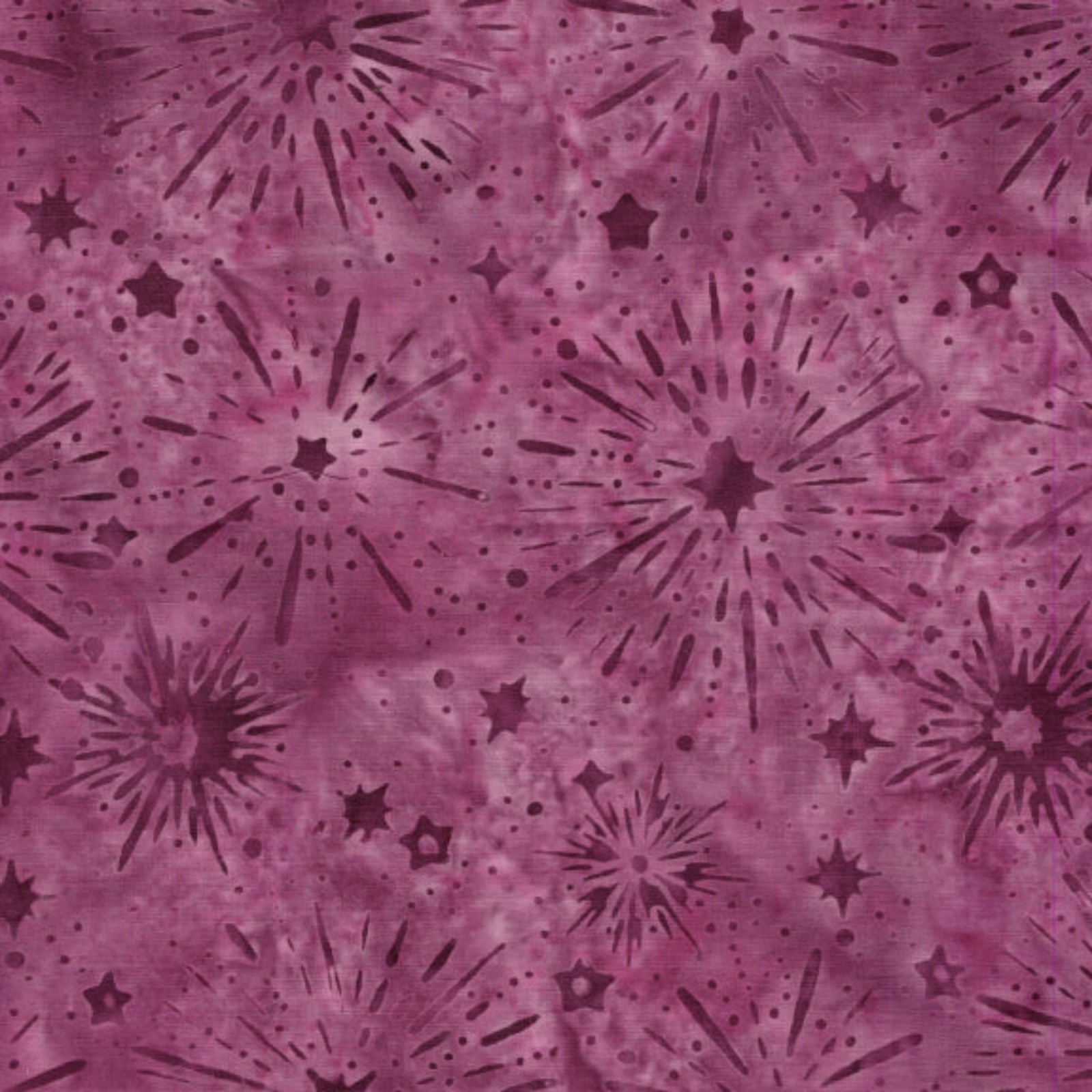A close-up of a fabric or material swatch with a mottled magenta and purple background and an allover pattern of dark purple stars, sparkles, and burst-like radial marks.