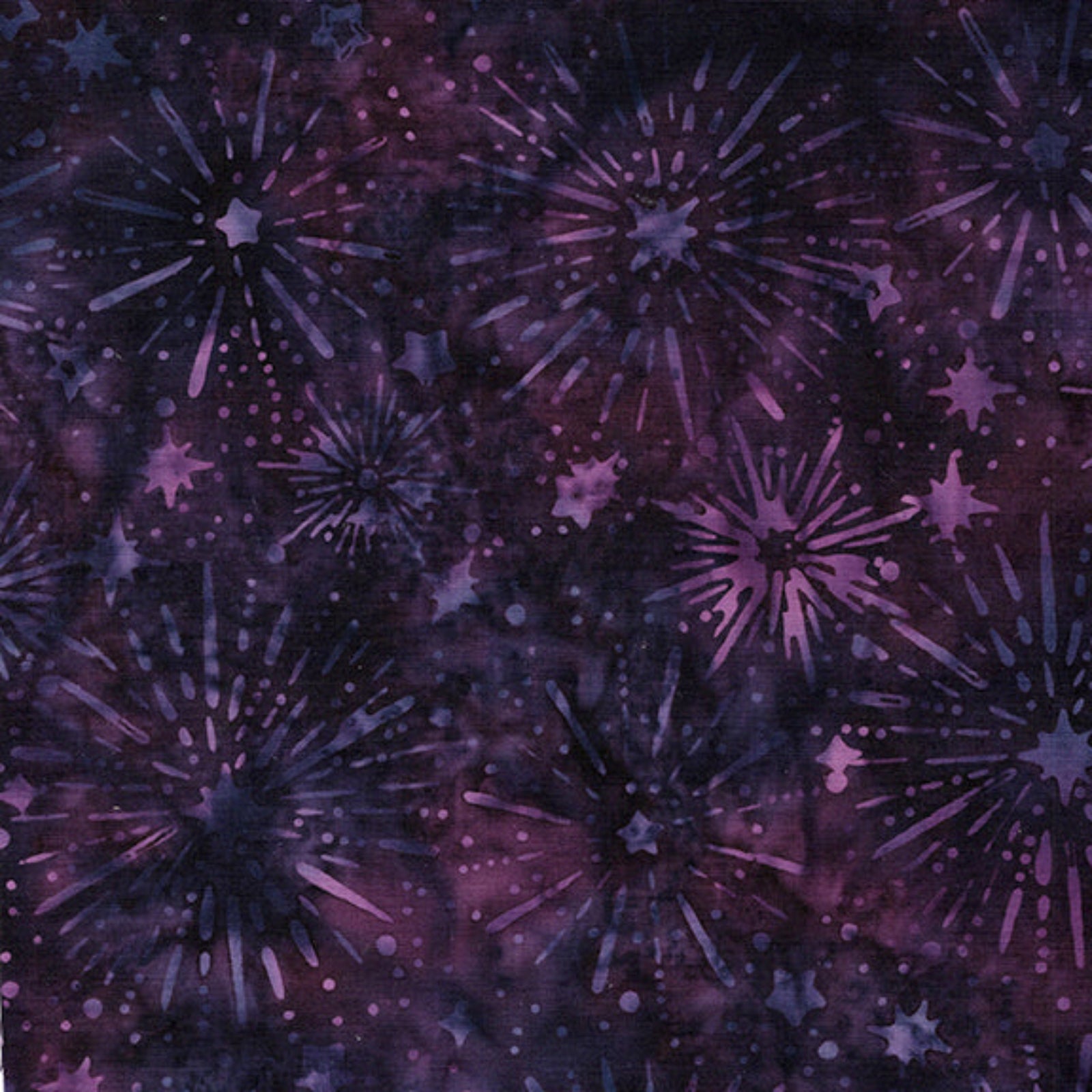 Purple and black fabric pattern featuring watercolor-style fireworks and starburst motifs.