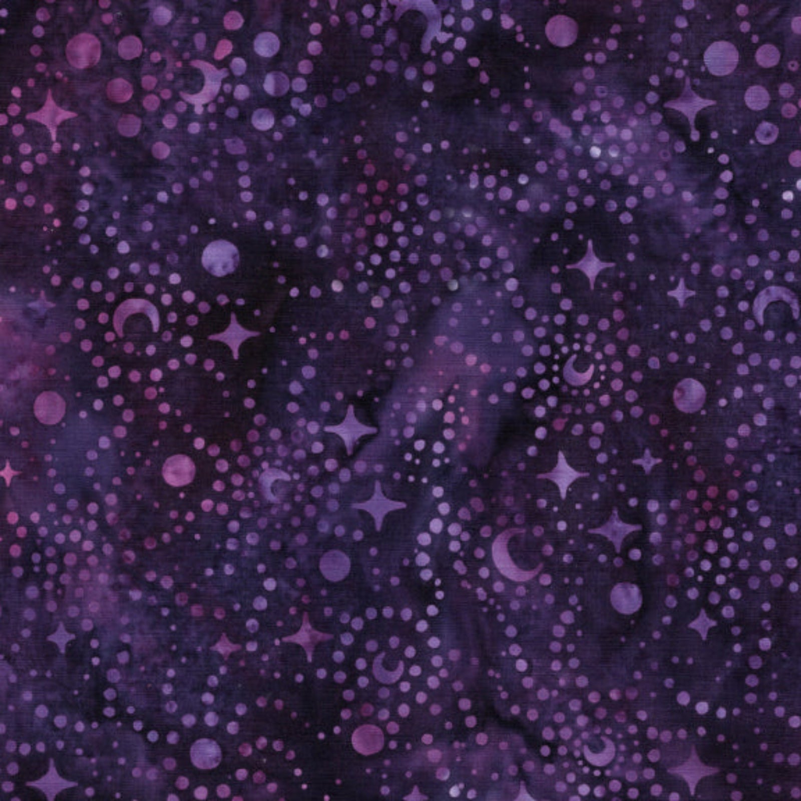Purple and black galaxy fabric pattern with watercolor-style stars, moons, and dots.