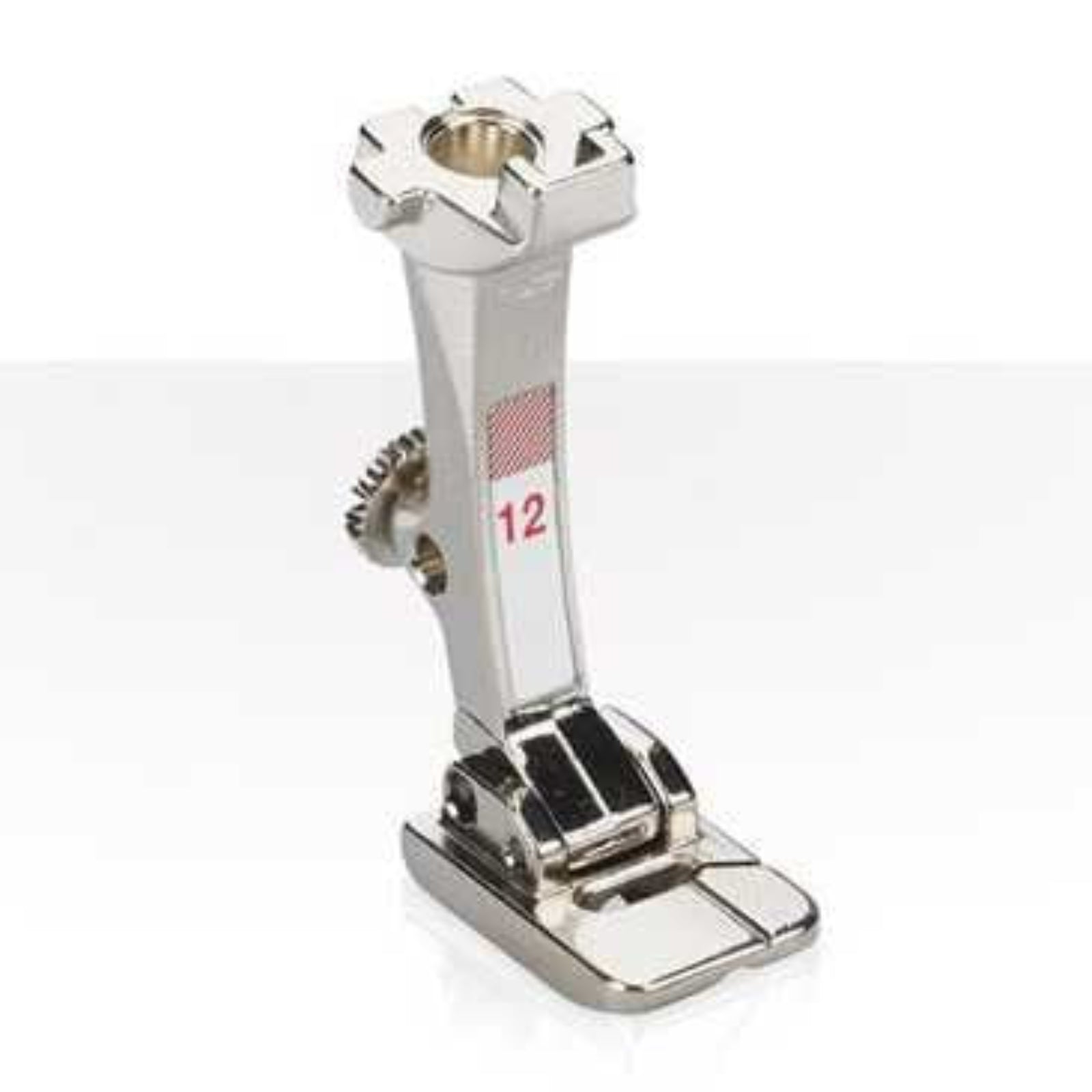 Metal sewing machine foot with a numbered scale on a white background