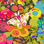 Colorful abstract pattern with butterflies and flowers on a dark background