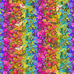 Colorful pattern of flowers and butterflies on a striped background
