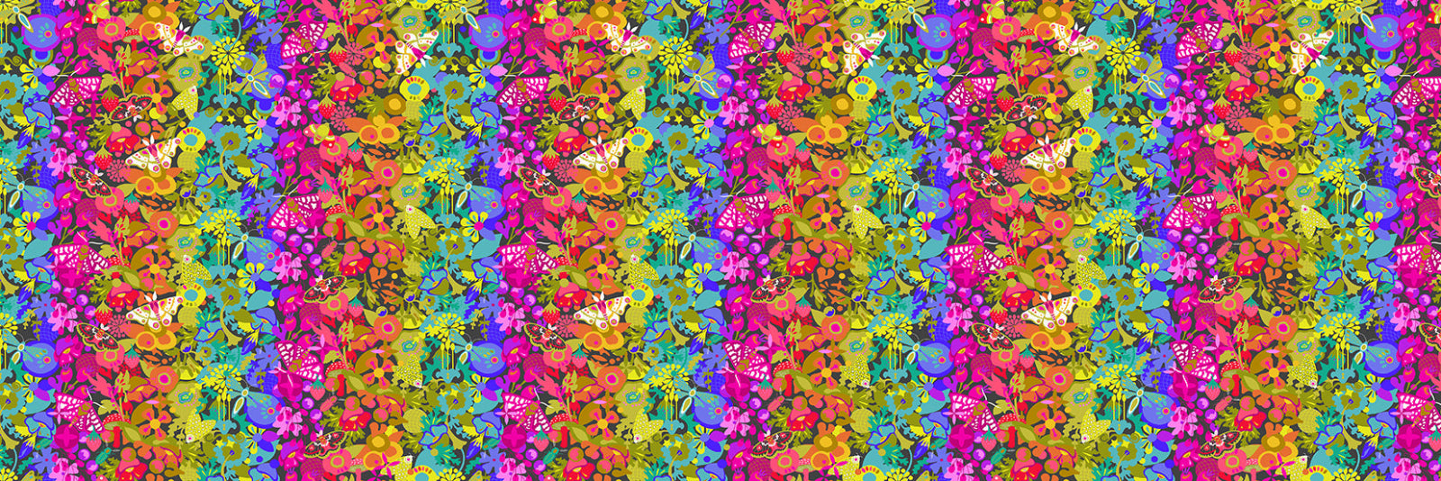 Colorful pattern of flowers and butterflies on a striped background