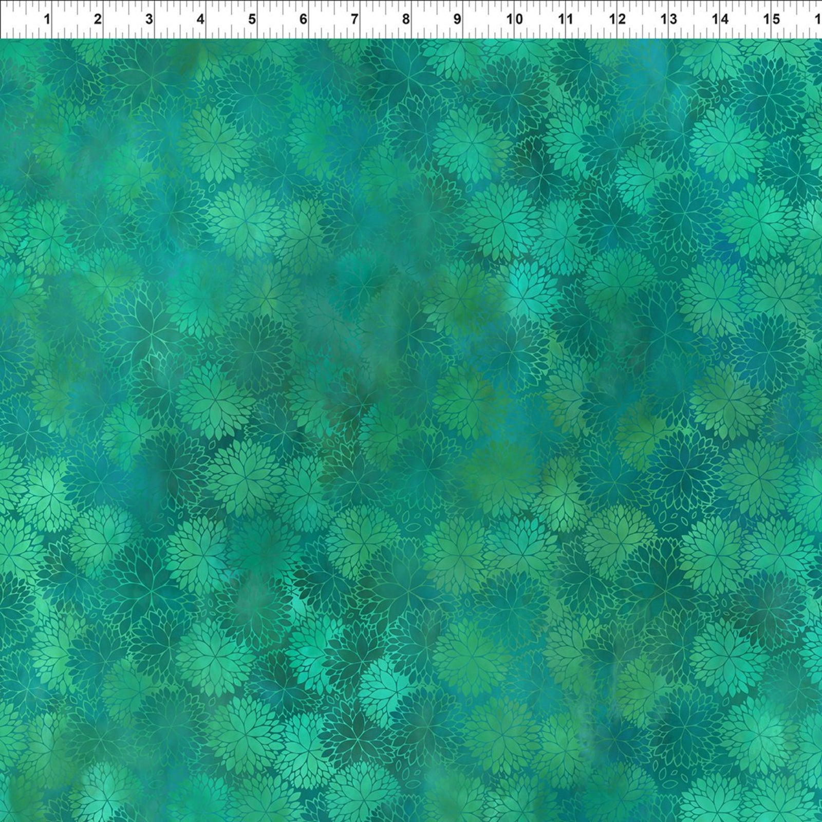 Patterned fabric with green and blue hues on a white background