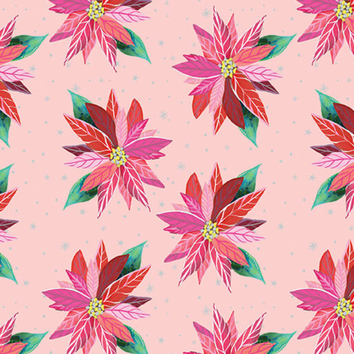 Pattern of pink and red flowers with green leaves on a pink background