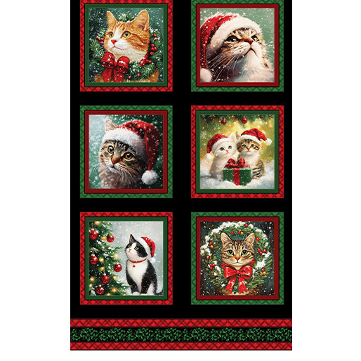 Panel of Christmas-themed cat images with festive elements on a black background.