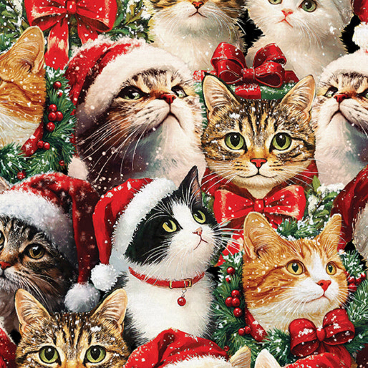 Collage of cats wearing Christmas hats and decorations with a festive background.