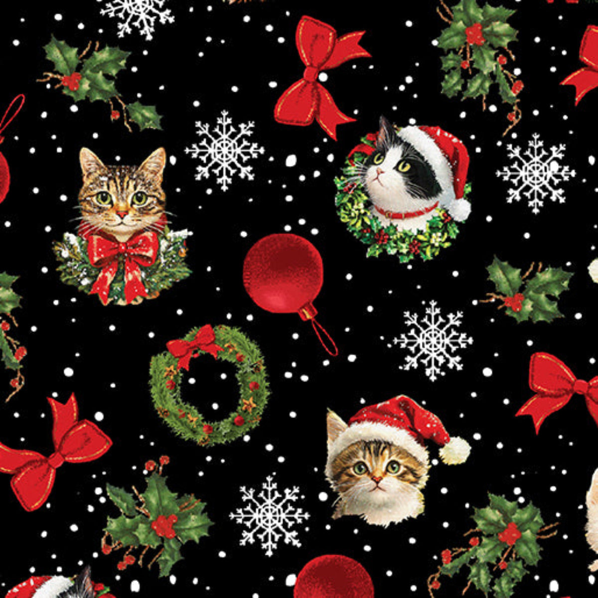 Christmas-themed fabric pattern with cats, wreaths, and holiday elements on a black background.