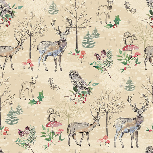 Woodland animals and plants pattern on a beige background