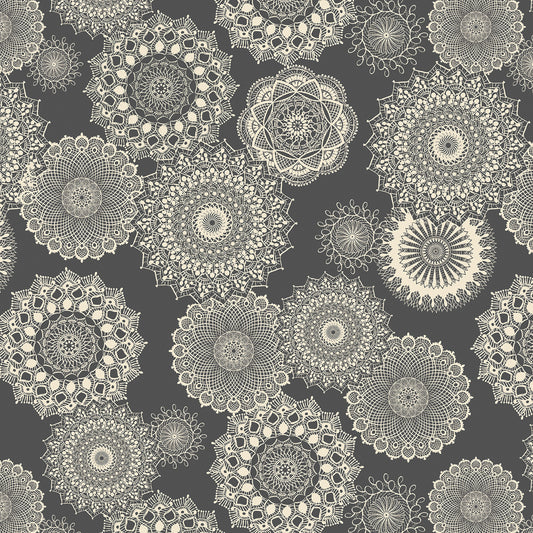White lace patterns on a dark grey background