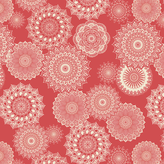 White lace patterns on a red background