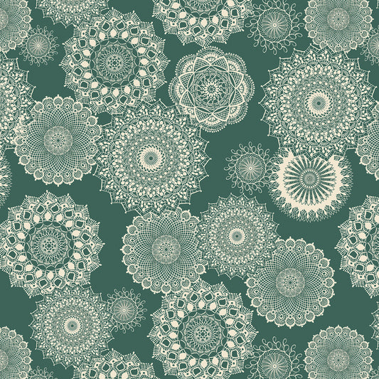 White lace patterns on a green background