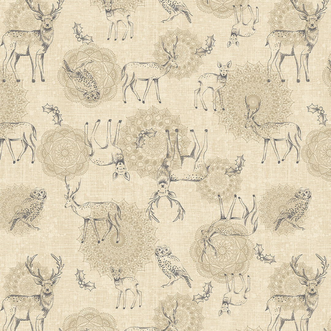 Pattern of deer and owls on a beige background