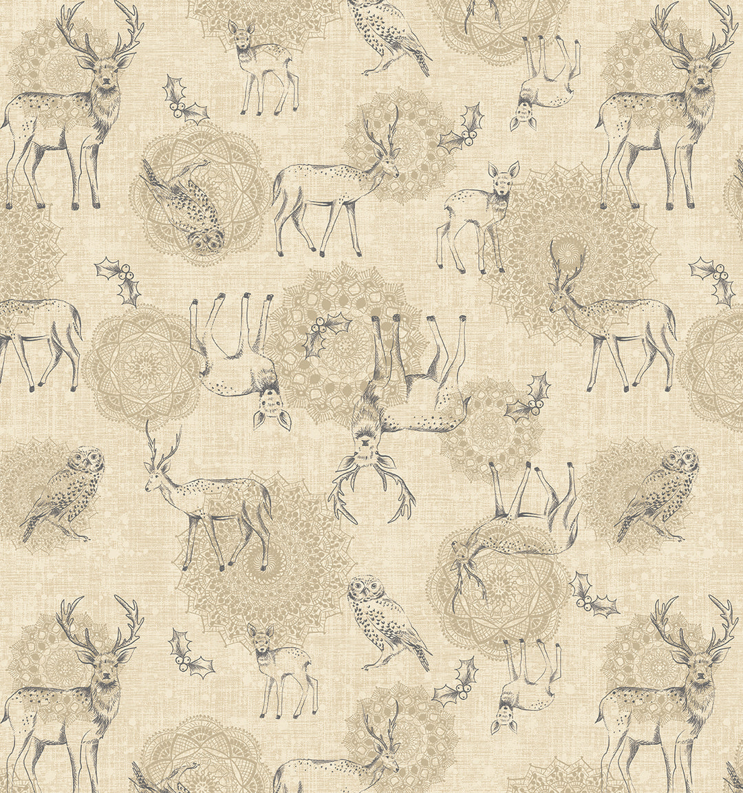 Pattern of deer and owls on a beige background