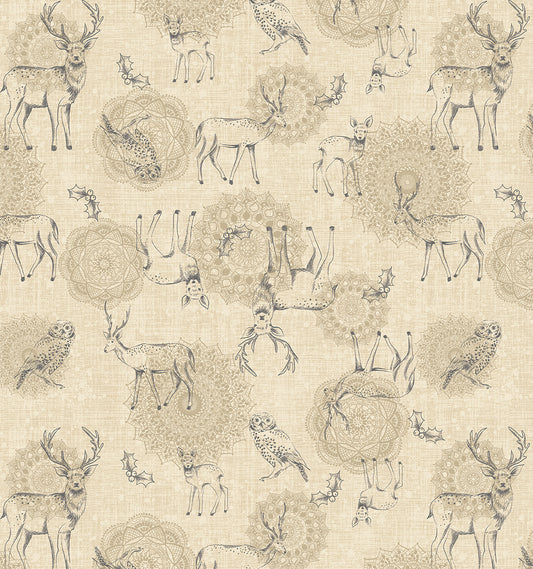 Pattern of deer and owls on a beige background