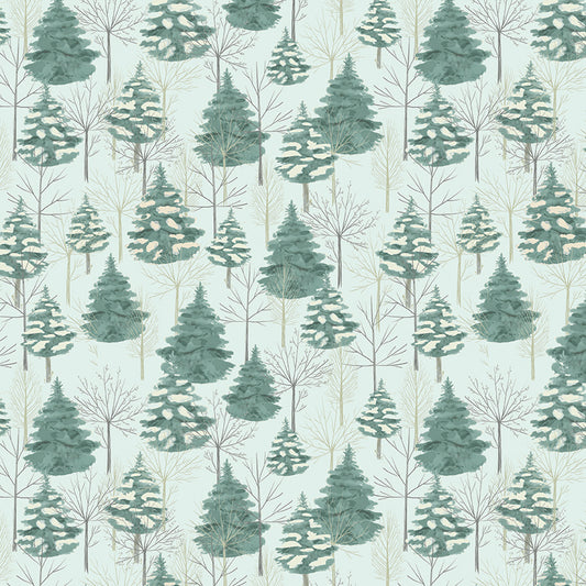 Pattern of green trees on a light blue background