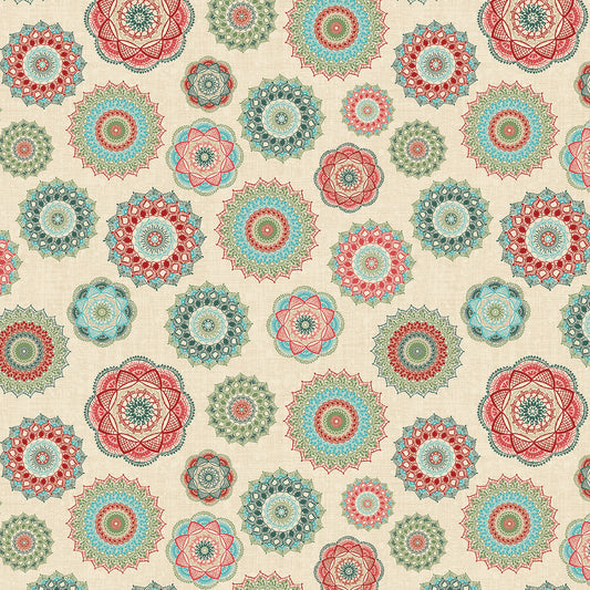 Pattern of colorful geometric shapes on a beige background