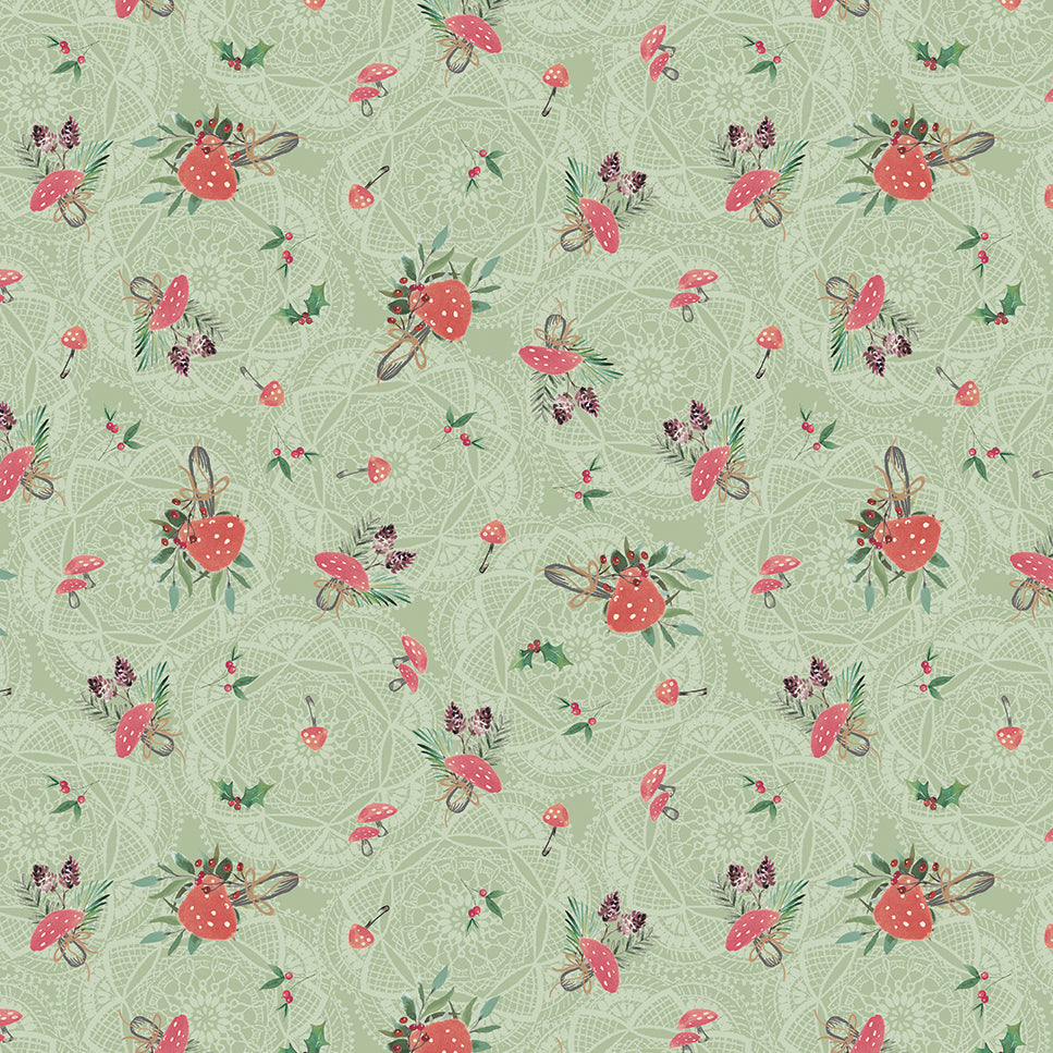 Floral pattern with mushrooms on a green background