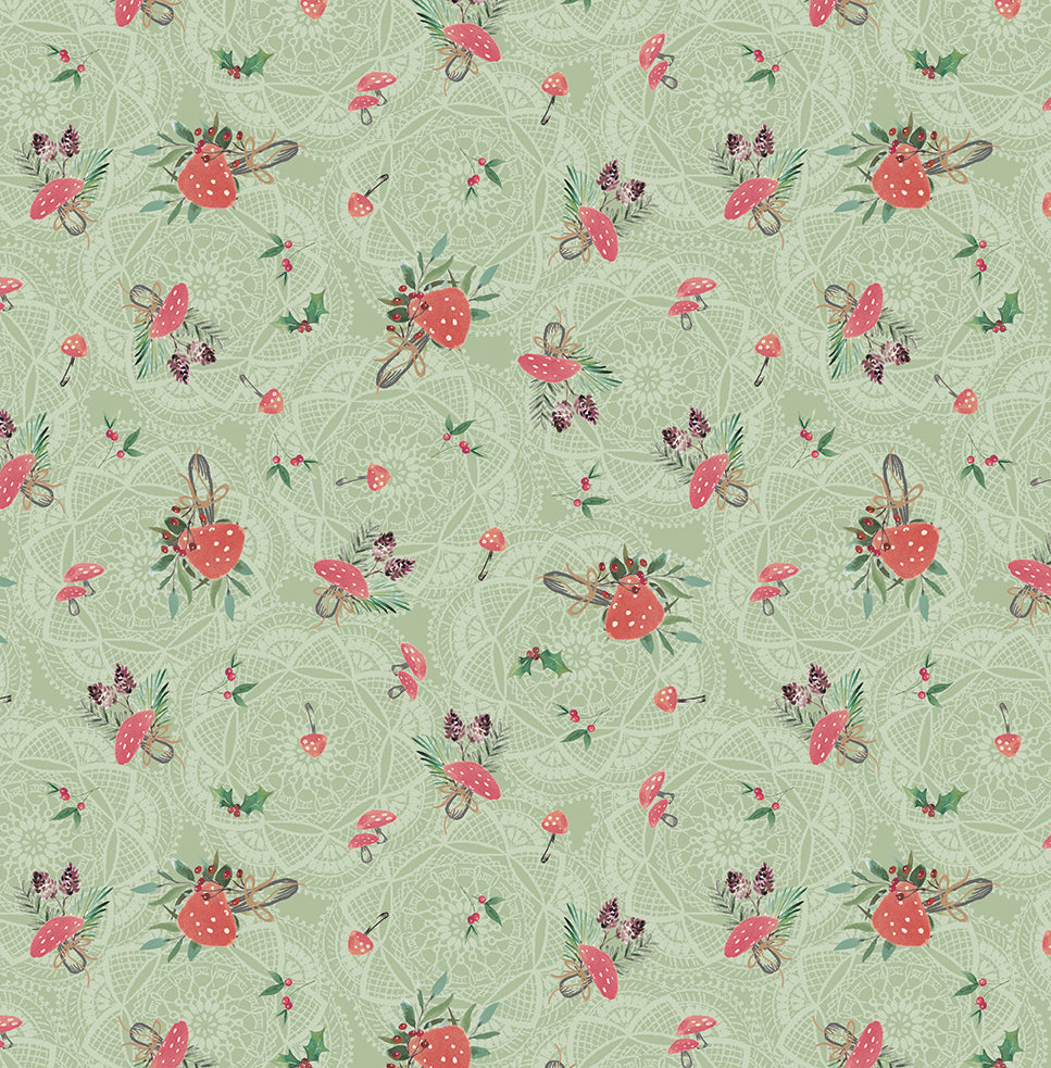 Floral pattern with mushrooms on a green background