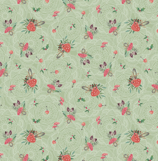 Floral pattern with mushrooms on a green background