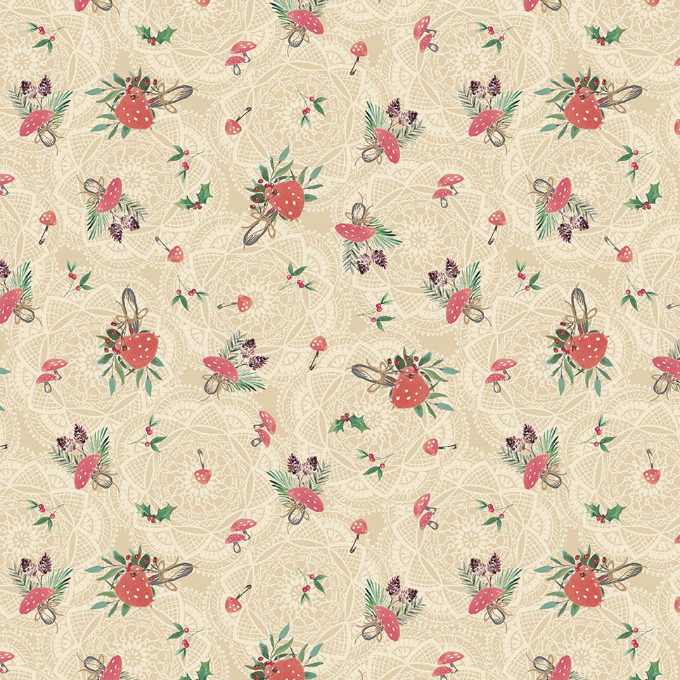 Floral pattern with red mushrooms and green leaves on a beige background