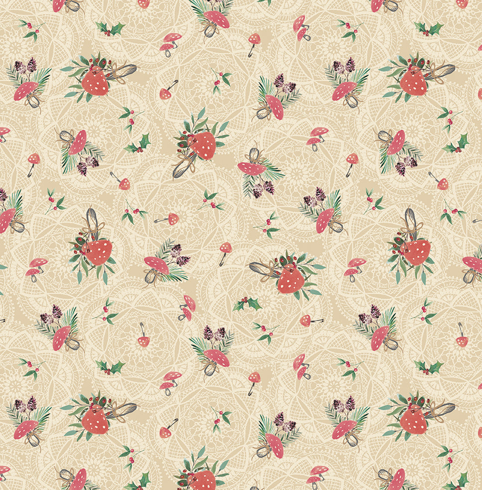 Floral pattern with red mushrooms and green leaves on a beige background