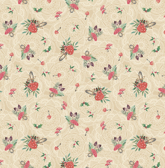 Floral pattern with red mushrooms and green leaves on a beige background