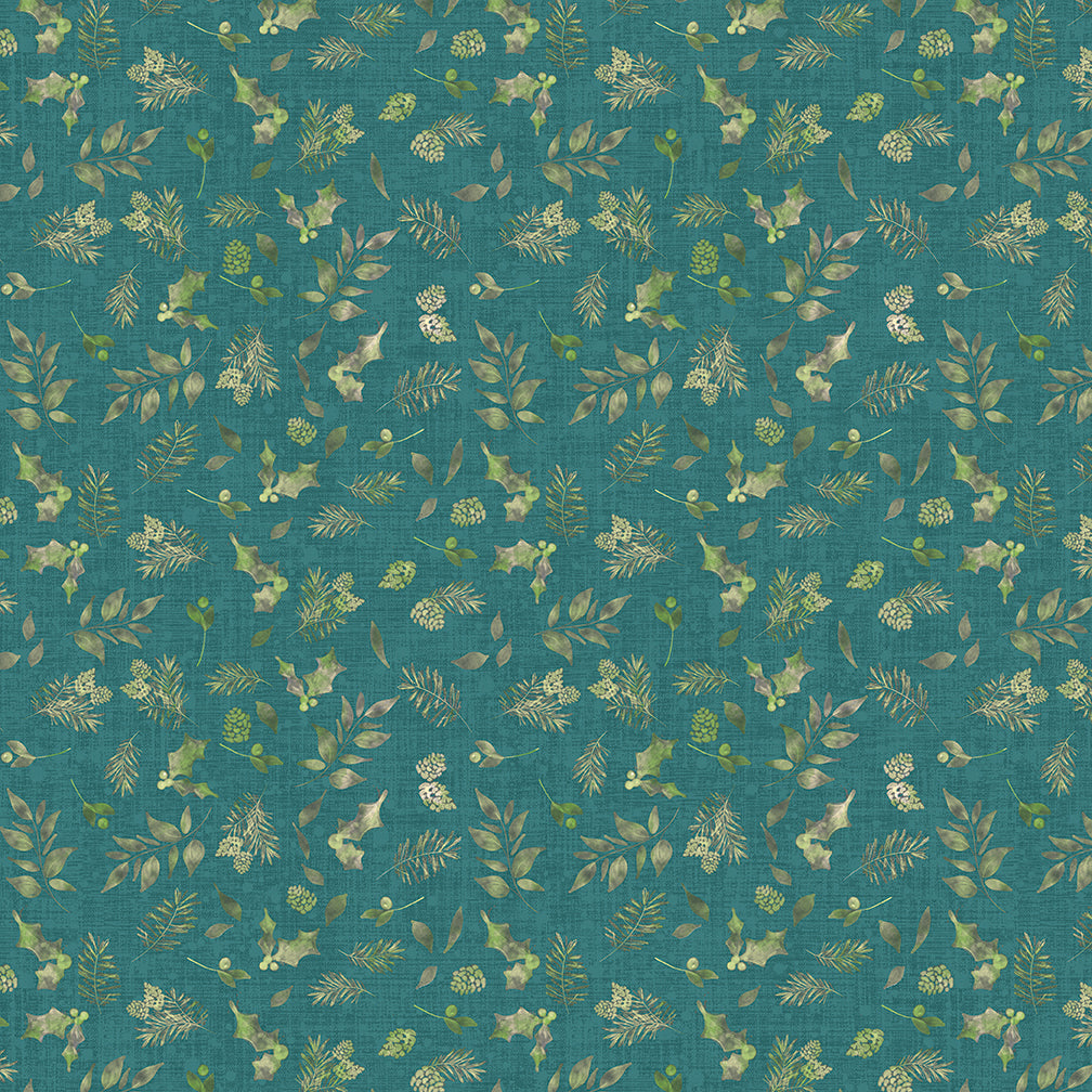 Pattern of green leaves and flowers on a teal background