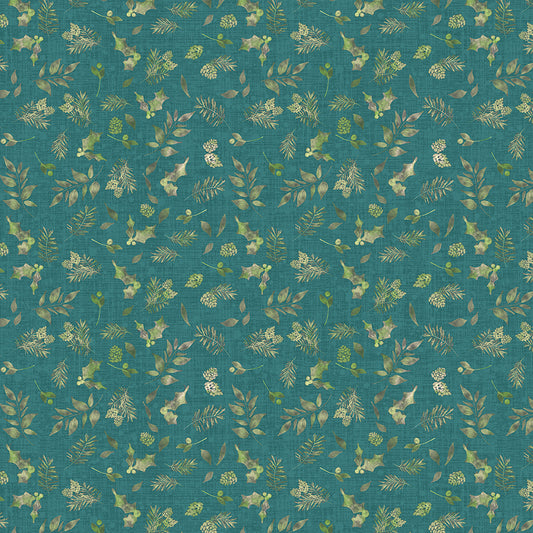 Pattern of green leaves and flowers on a teal background