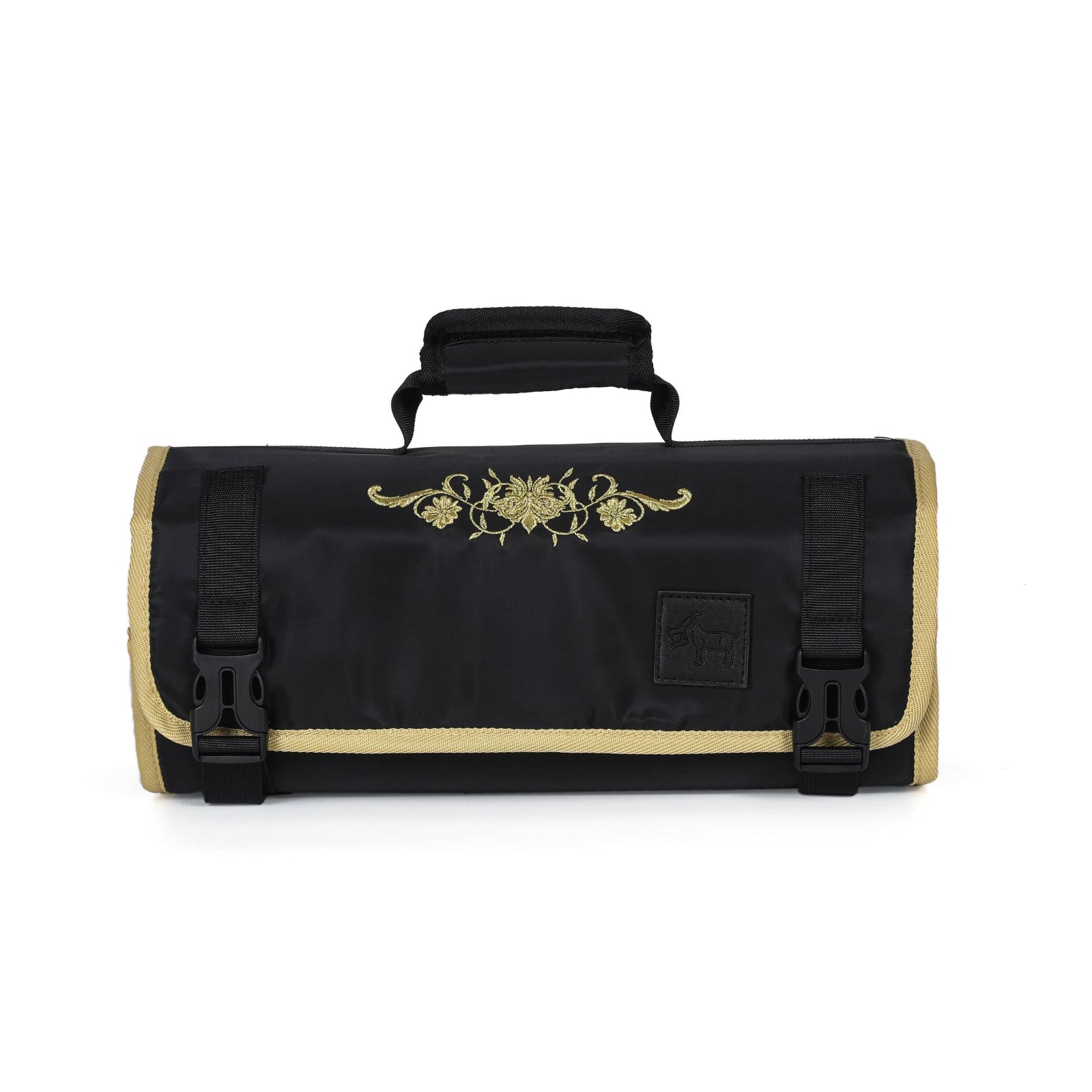 Black and beige roll-up bag with decorative gold emblem on a white background