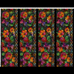 A repeating stained-glass-style floral pattern with large orange, red, purple, pink, and green flowers on a dark background, shown as a fabric or print swatch with a ruler scale along the top and left edge.